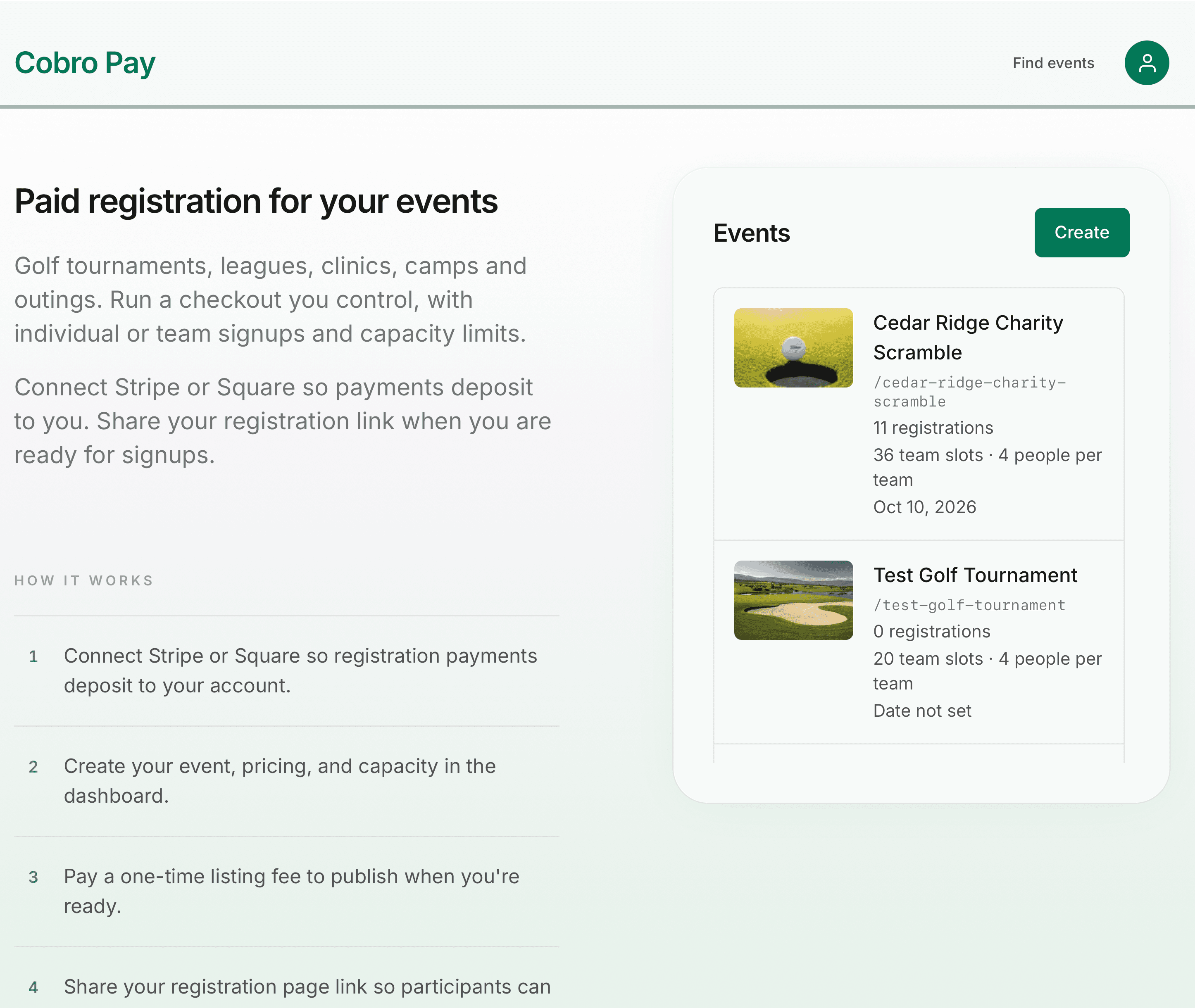 Cobro Pay organizer home showing the Cedar Ridge event and registration counts