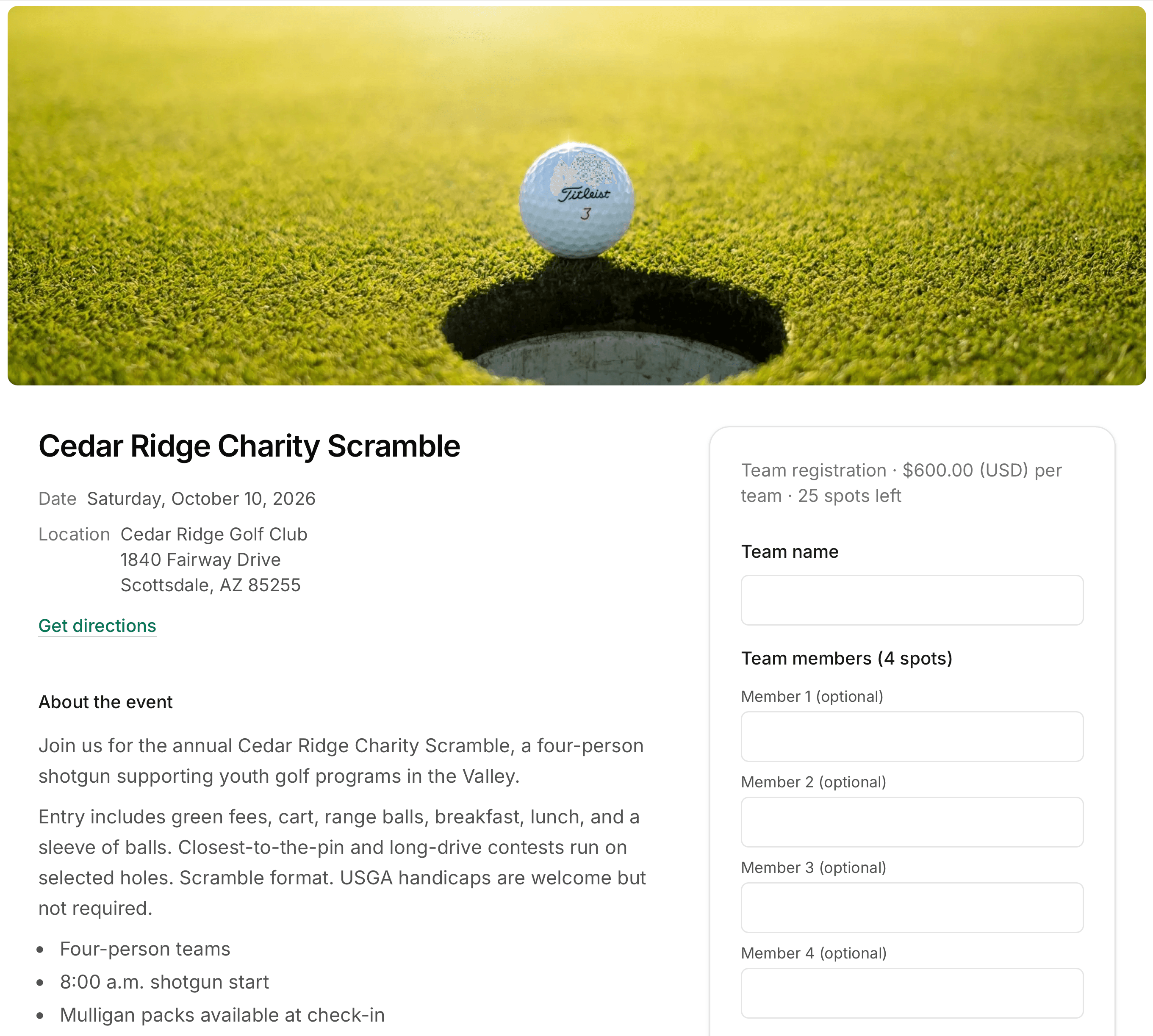 Public Cobro Pay page for Cedar Ridge Charity Scramble with team registration