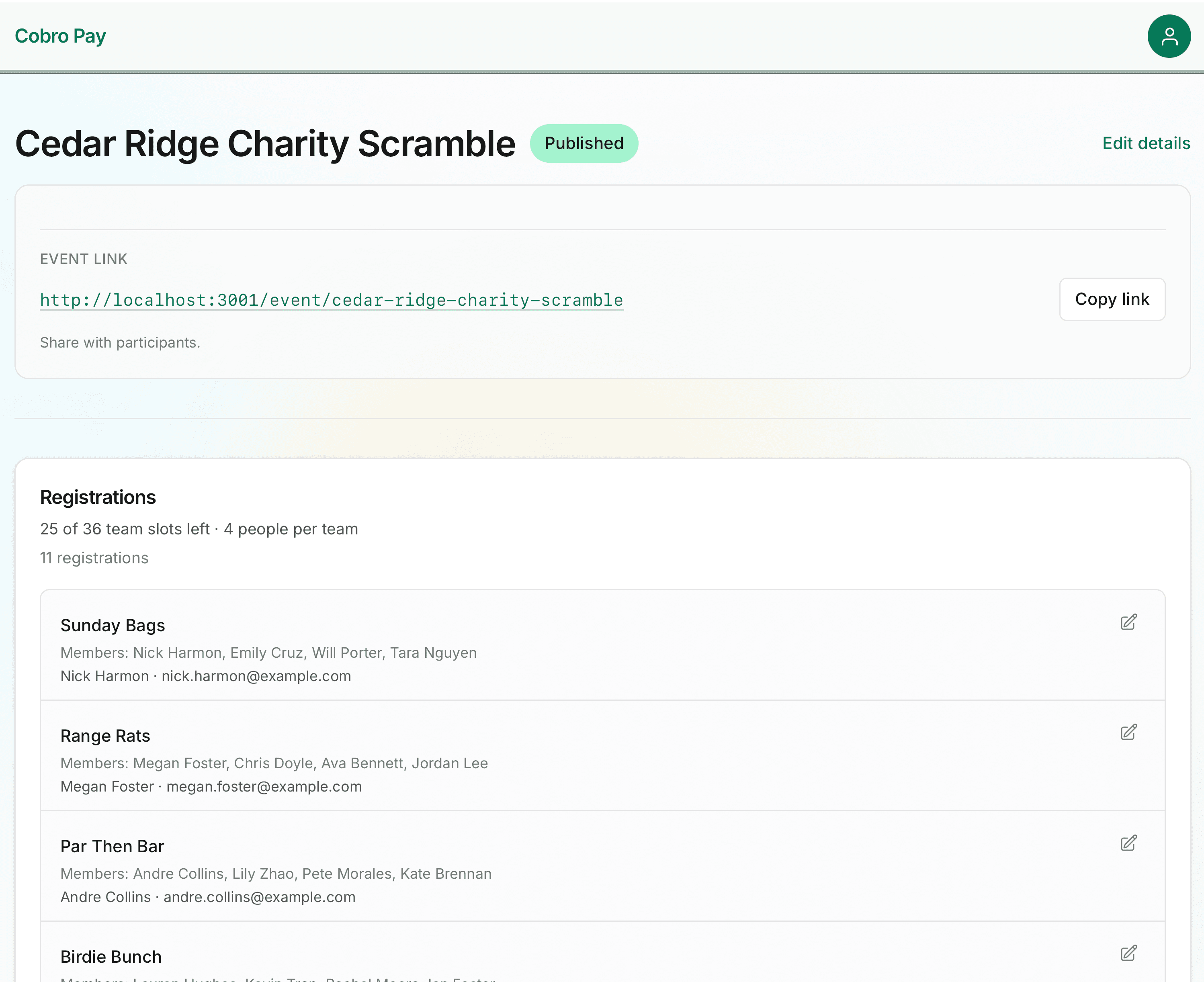 Published event dashboard listing registered teams for Cedar Ridge Charity Scramble