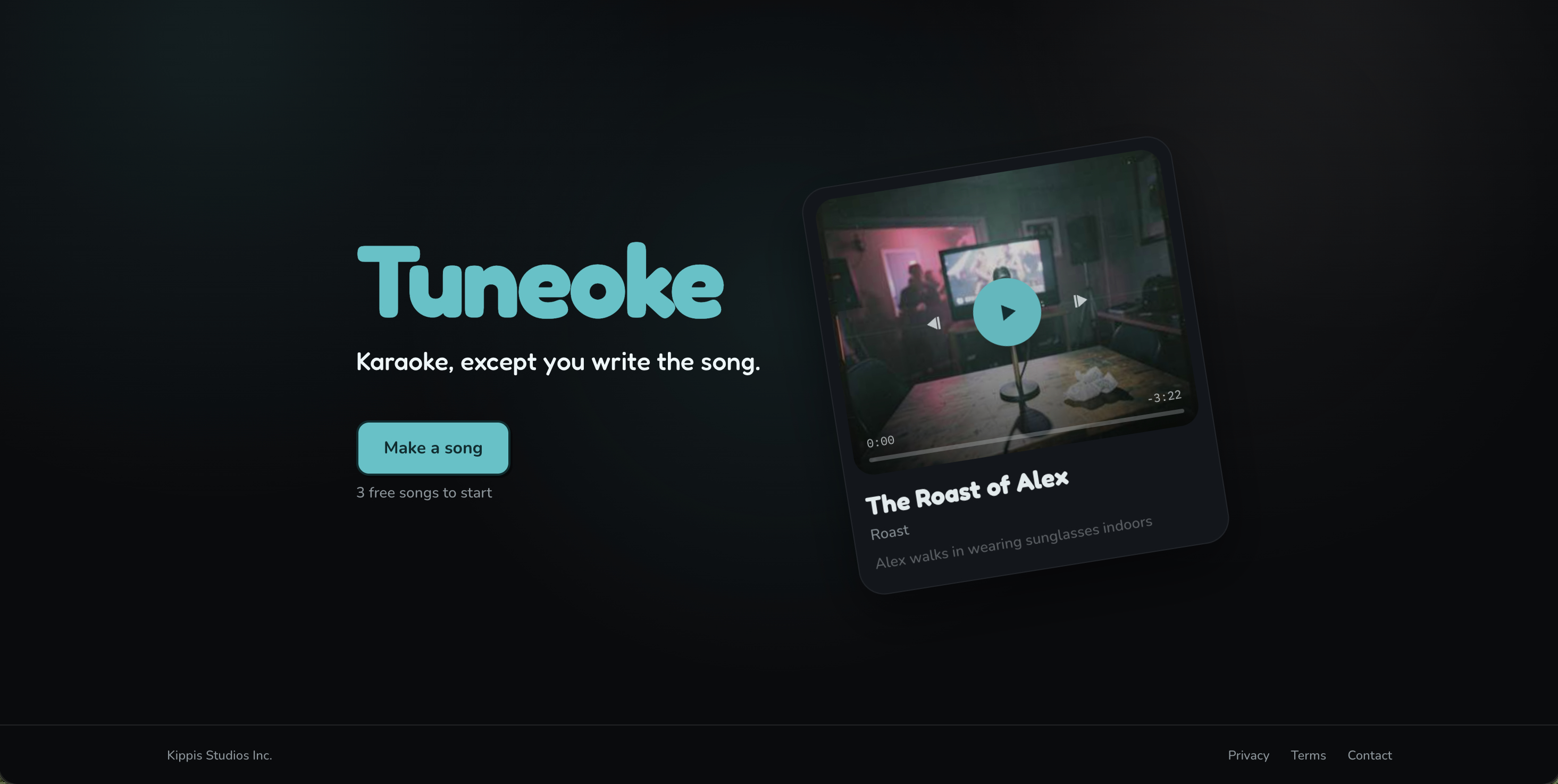 Tuneoke home page with a Make a song button and a player for The Roast of Alex